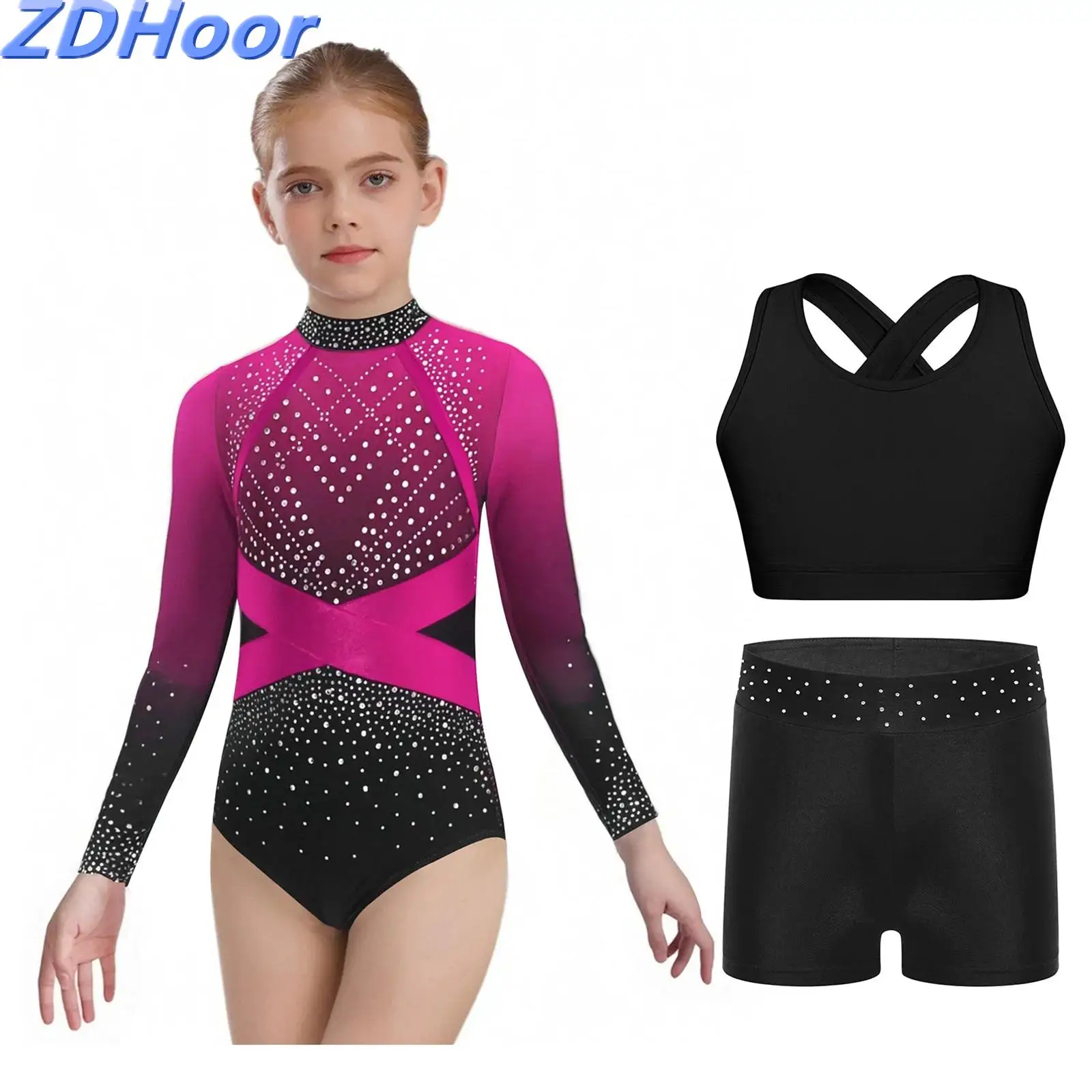 

Kids Girls Gymnastics Dance Outfit Long Sleeve Sparkling Rhinestones Color Block Leotard with Cross Back Vest And Shorts
