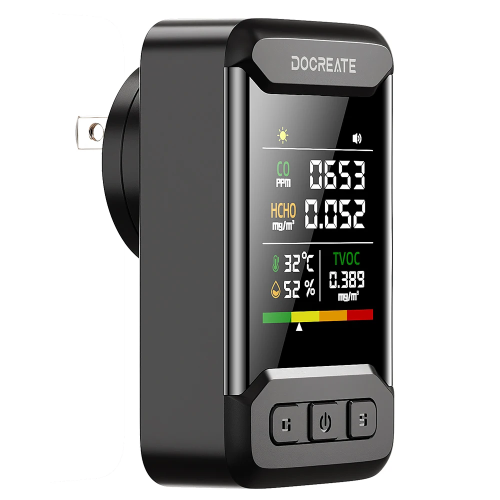 Docreate 849A كاشف ثاني أكسيد الكربون أول أكسيد الكربون، ومركبات العضوية المتطايرة ومستشعر HCHO، ومراقبة درجة الحرارة والرطوبة، وميزة التنبيه - قابس الاتحاد الأوروبي/الولايات المتحدة
