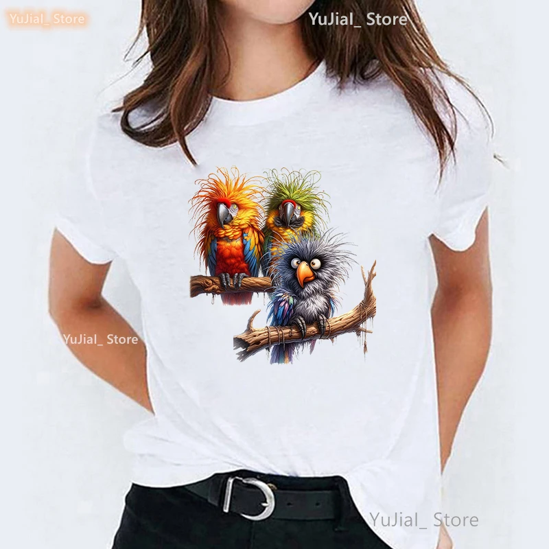 Funny Parrots Printed T Shirt Girls Kawaii Birds Tshirt Women Fall Fashion Tops Tee Shirt Femme Harajuku Shirt Streetwear
