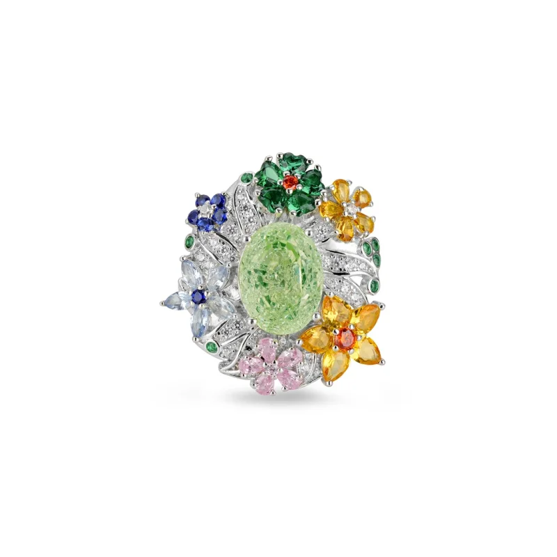 Bellux 925 silver ring synthetic spinel monet garden lab grown gemstone ice‑cracked effect green flower cocktail ring