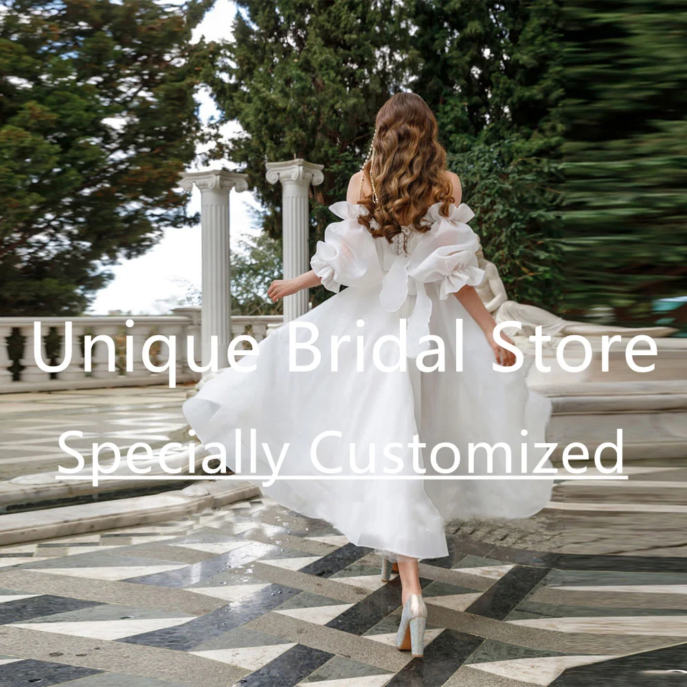 Customized Wedding Dress For women Bride Scalloped Organza A-Line Lace-up Detachable Lantern Sleeve Tea-Length Bridal Dre