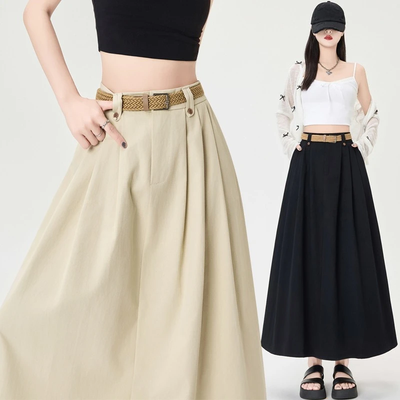 

Autumn High Waist Washed Cotton Women's Umbrella Long A-line Skirt with Belted 2025 New Korean Office Casual Loose Skirts Female