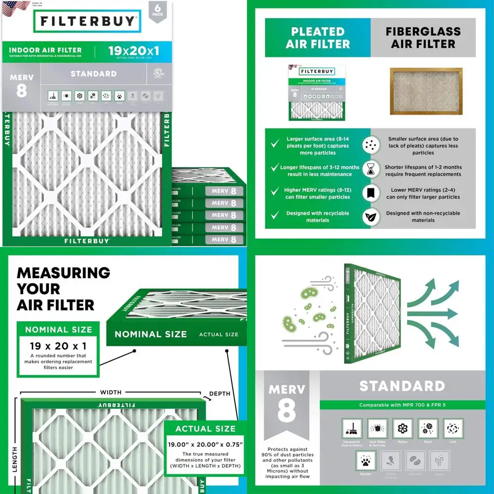 

6-Pack MERV 8 Pleated Air Filters 19x20x1 - Dust Defense Replacement for HVAC AC Furnace Systems