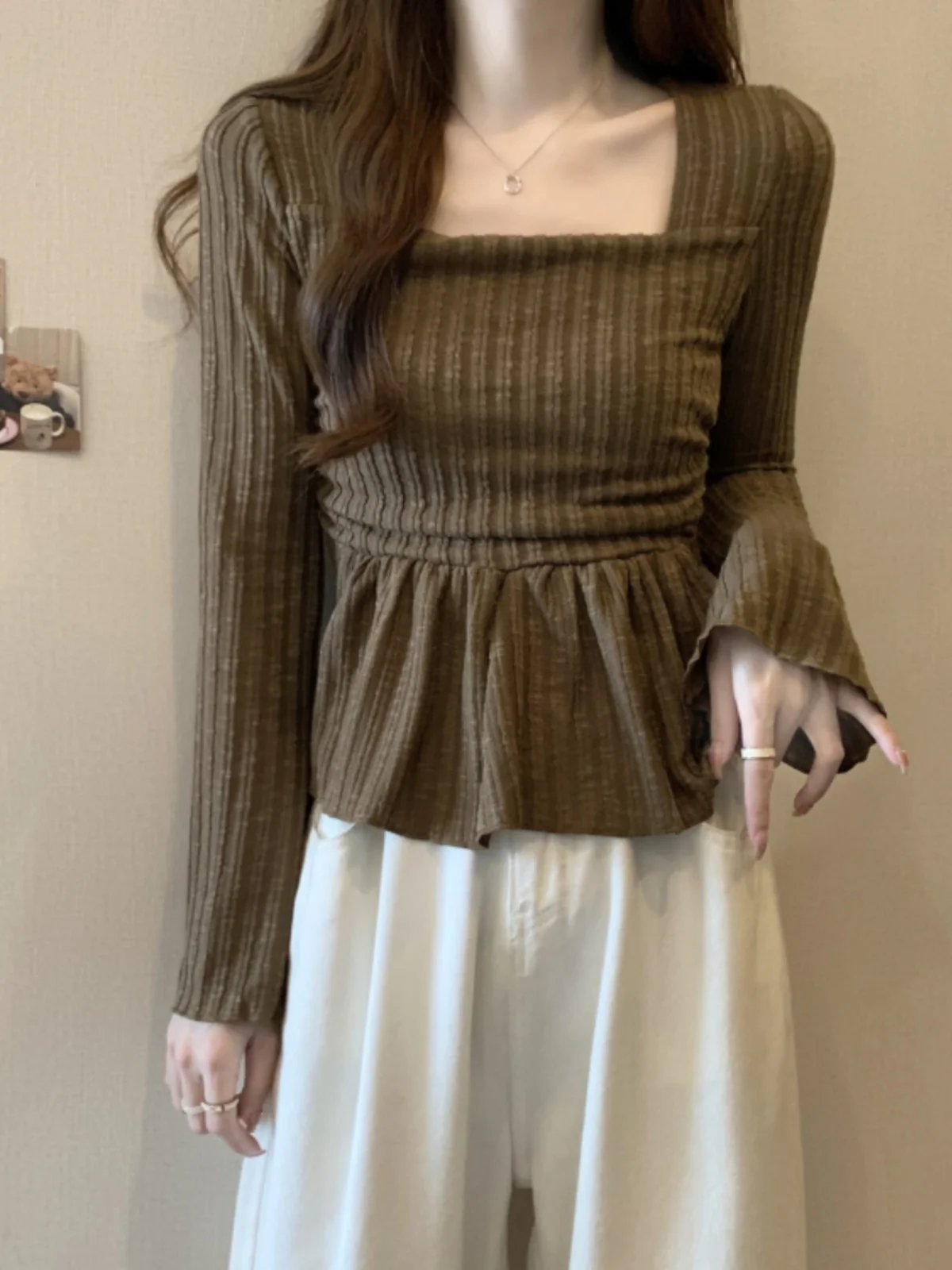 Slimming Short Square Collar Base Shirt Women's Early Autumn plus Size Frock Design Gathered Waist Tunic Top Korean Style Kni...