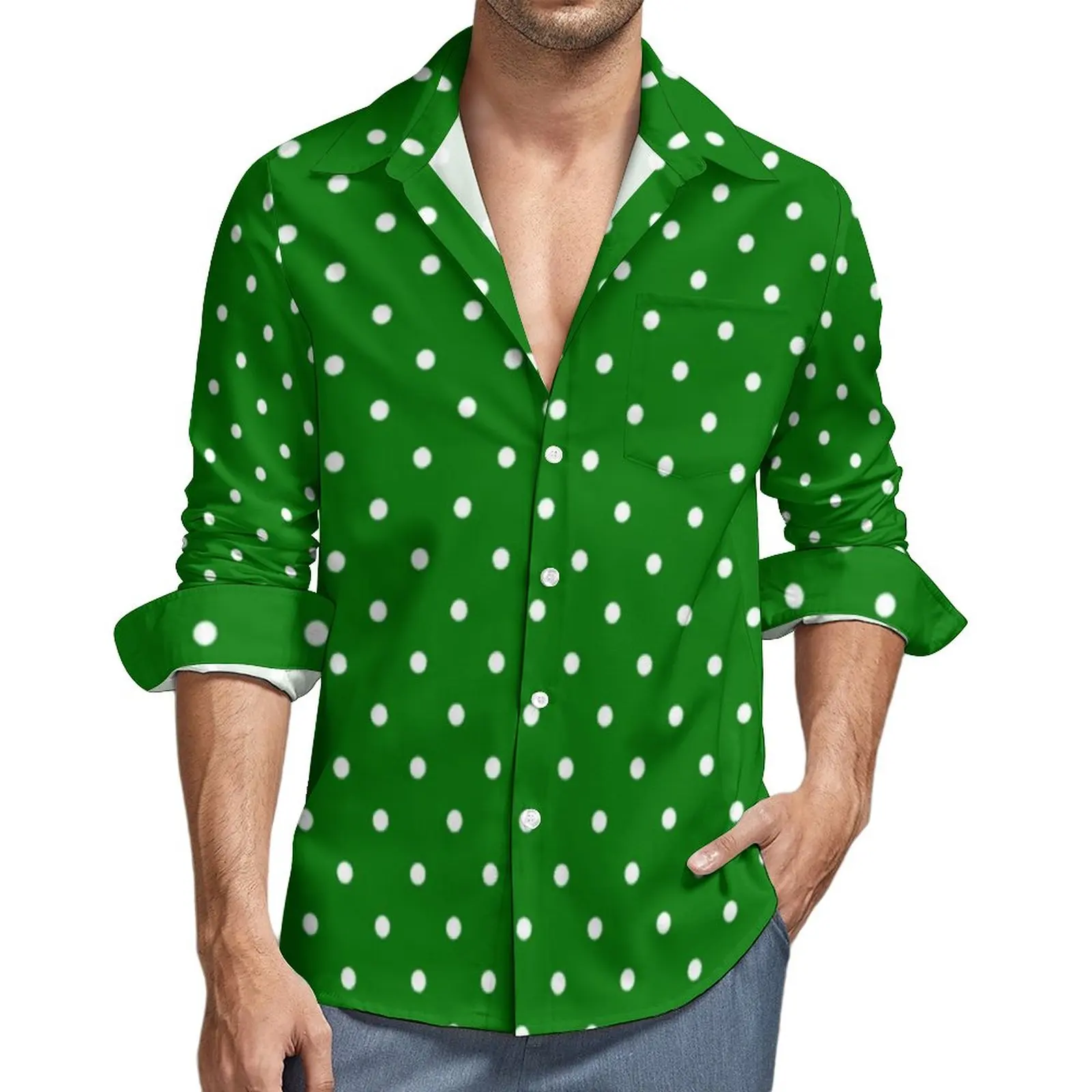 

White Polka Dot Casual Shirts Mens Christmas Green Shirt Long Sleeve Trending Y2K Blouses Autumn Graphic Top Plus Size