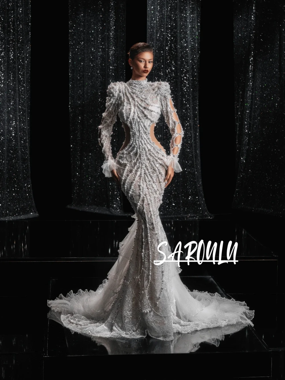 

Cut Out Opulent Pearls Mermaid Wedding Dress Delicate High Neckline Chic Pleated Tulle Bridal Gown Gorgeous Lace Women Wear