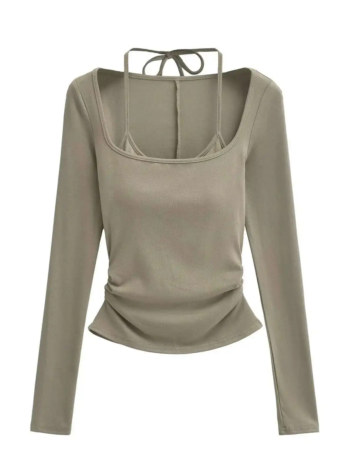 2024 Autunno/Inverno Nuovo Appeso Al Collo Falso In Due Pezzi A Maniche Lunghe Pullover Delle Donne Cinching Vita di Colore Solido Sottile Breve Top V795