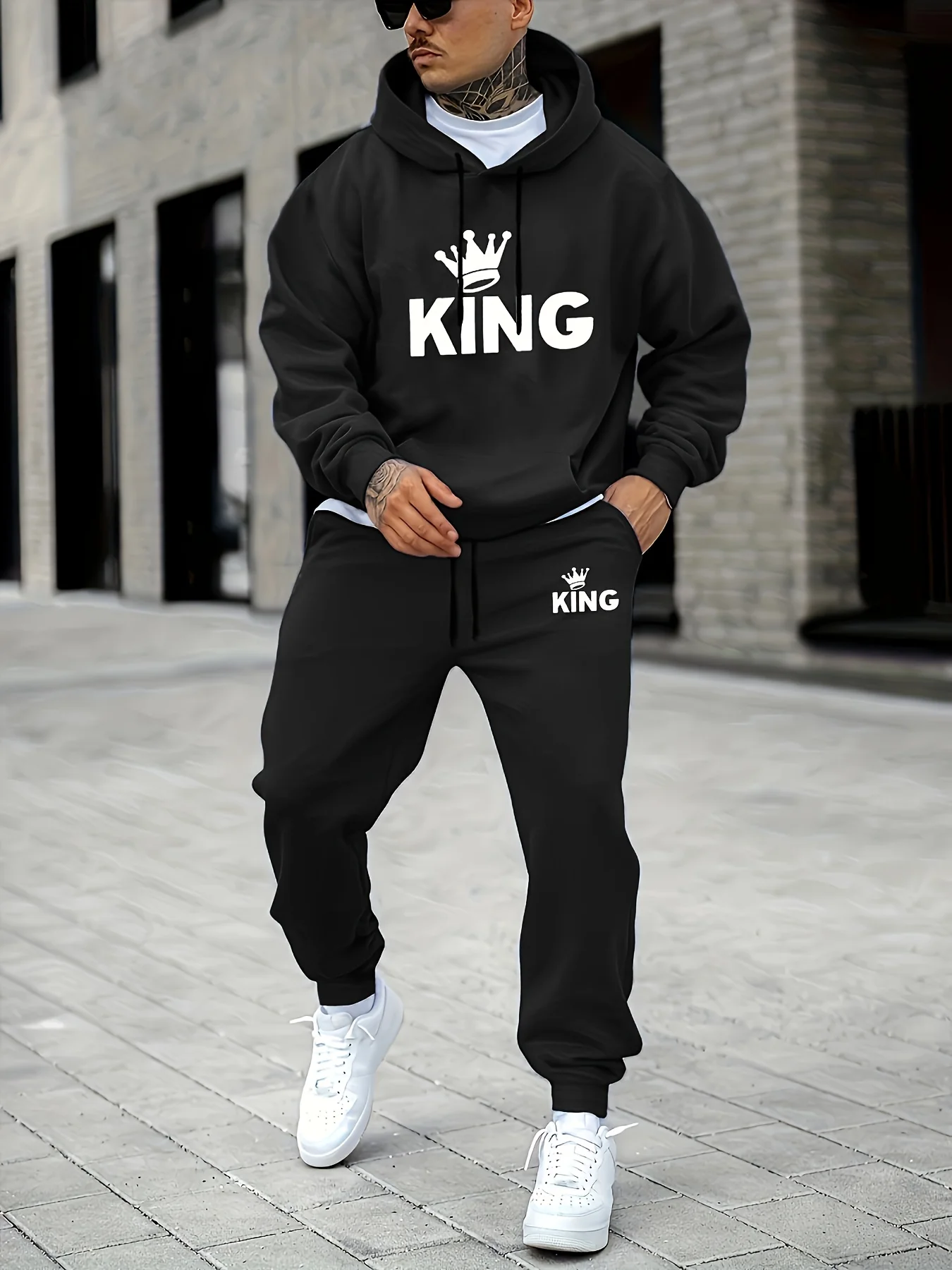 Men's KING Crown Print Tracksuit 2‑Piece Outfit, Hooded Sweatshirt + Jogger Pants Casual Sportswear Set Men's two-piece