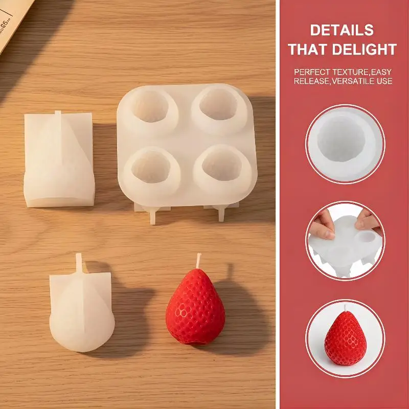 1 4 Cavity Silicone Strawberry Candle Mold for DIY Fruit Shape Scented Candles Handmade Home Decor Projects