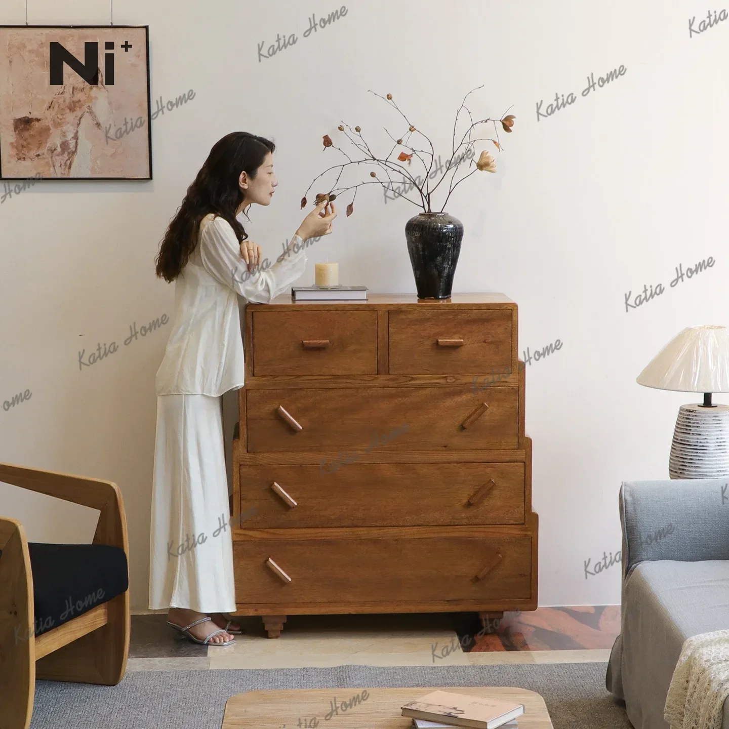 PG French antique simple storage cabinet bedroom black bedside cabinet