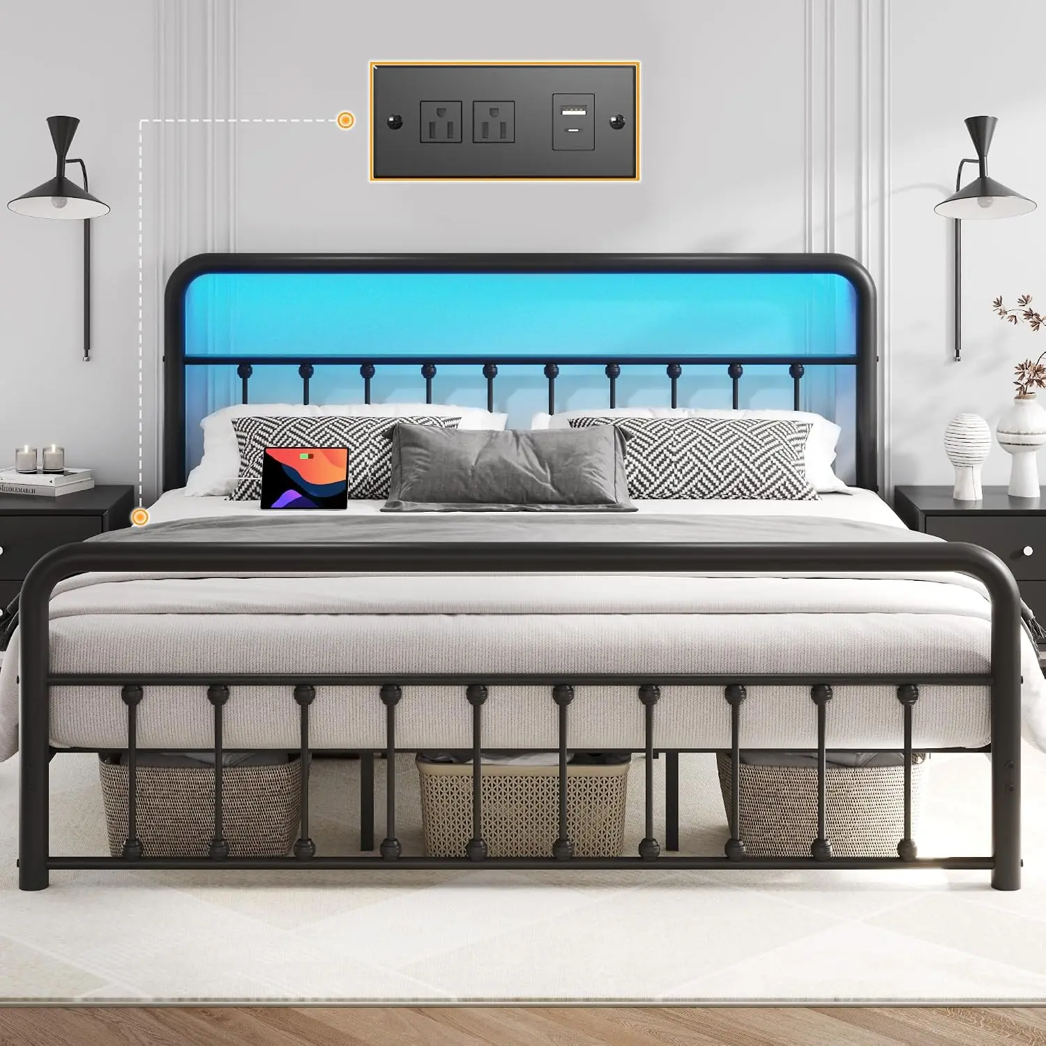 King Metal Bed Frame with Charging Station & LED, Victorian Headboard, Storage, No Box Spring, Noise Free, Customized