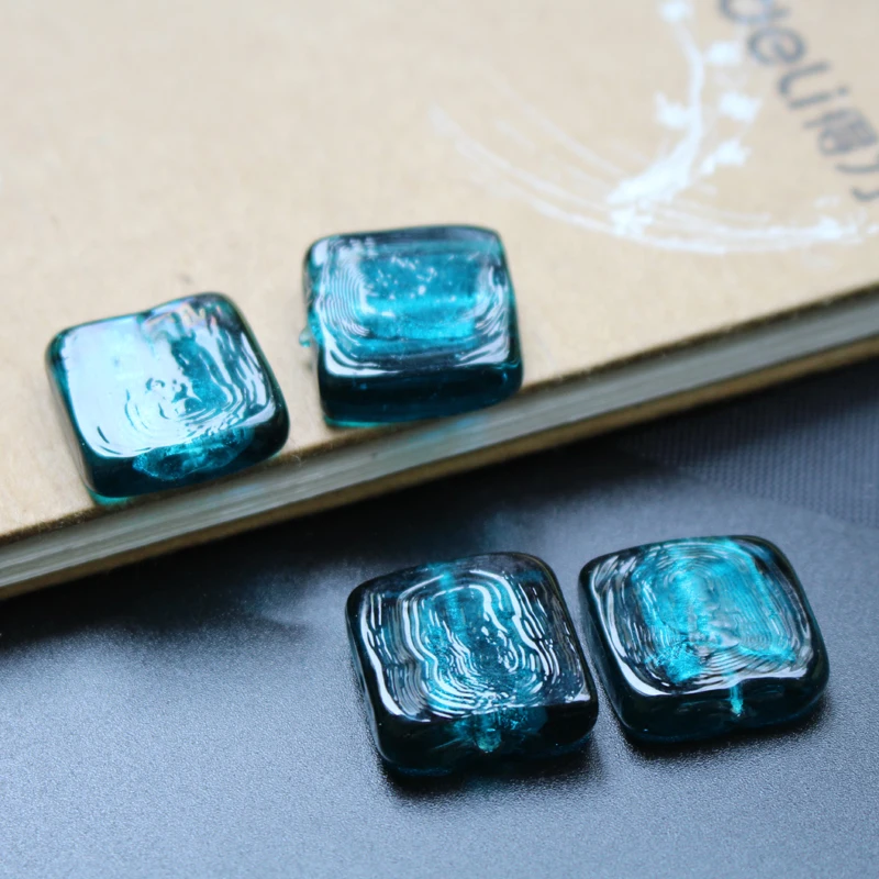 10Pcs/lot 12mm 20mm Teal blue Lampwork glass beads Square Foiled Beads for Earring Braclet Necklace jewelry making