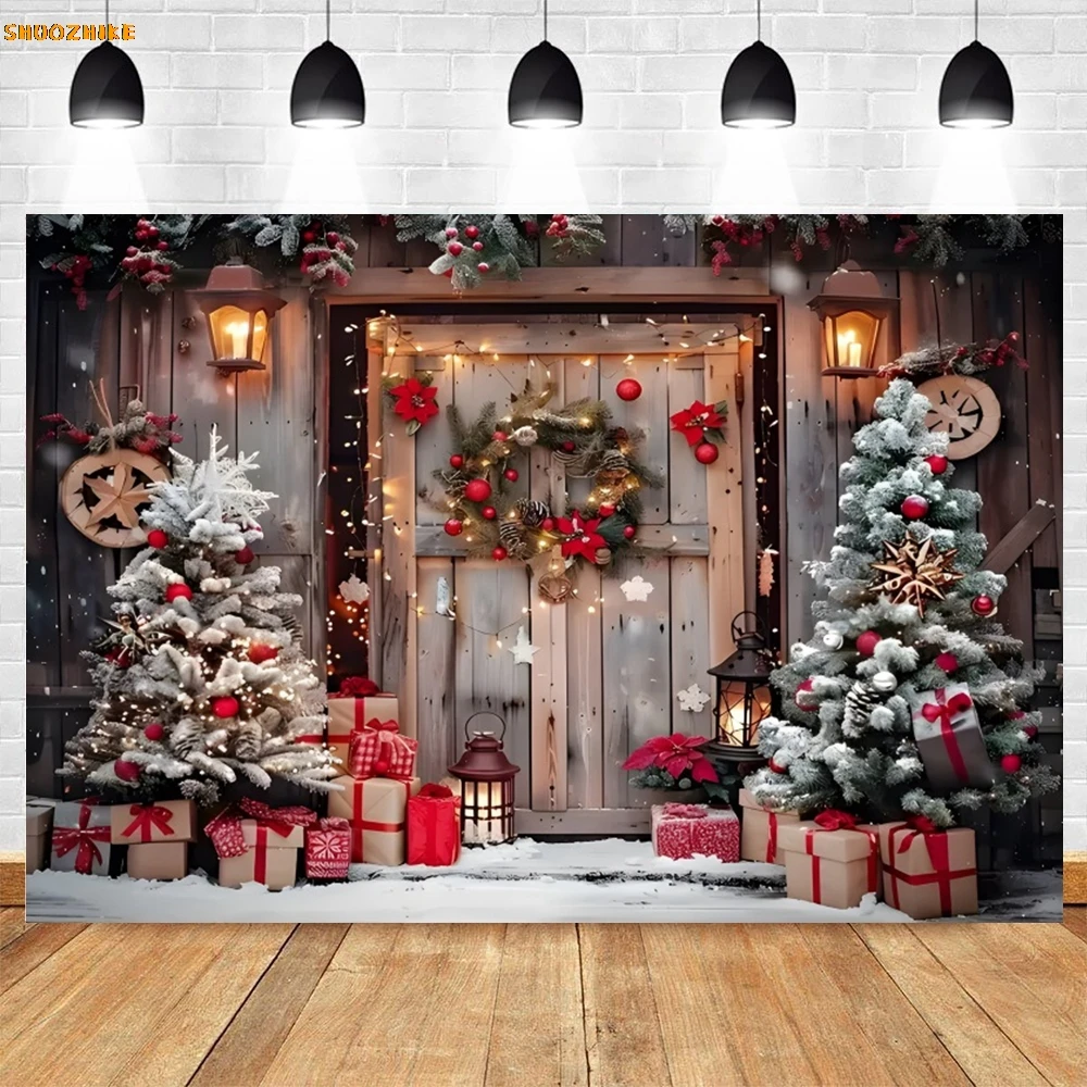 Dekorasi latar belakang fotografi Natal, pohon Natal hadiah jendela pintu kayu kamar Interior anak potret foto latar belakang dekorasi Studio foto