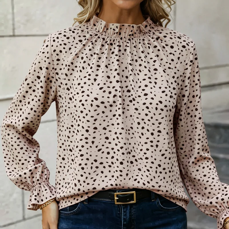 Plus-Size Women's Shirt, Leopard Print Long-Sleeve Ruffled Round-Neck Casual Workwear Top, Loose Fit, Perfectly Accentuates the view 6