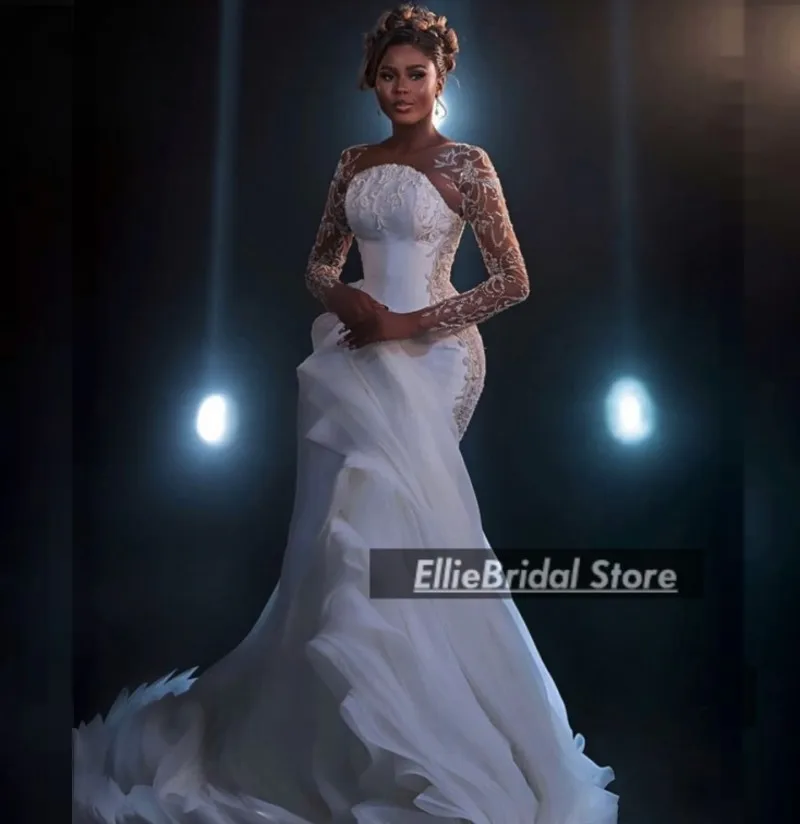 Design Mermaid Wedding Dresses Long Sleeves Pleats Sheer Neck Aso Ebi Bridal Gowns Ruffles Dubai vestido de novia Customized