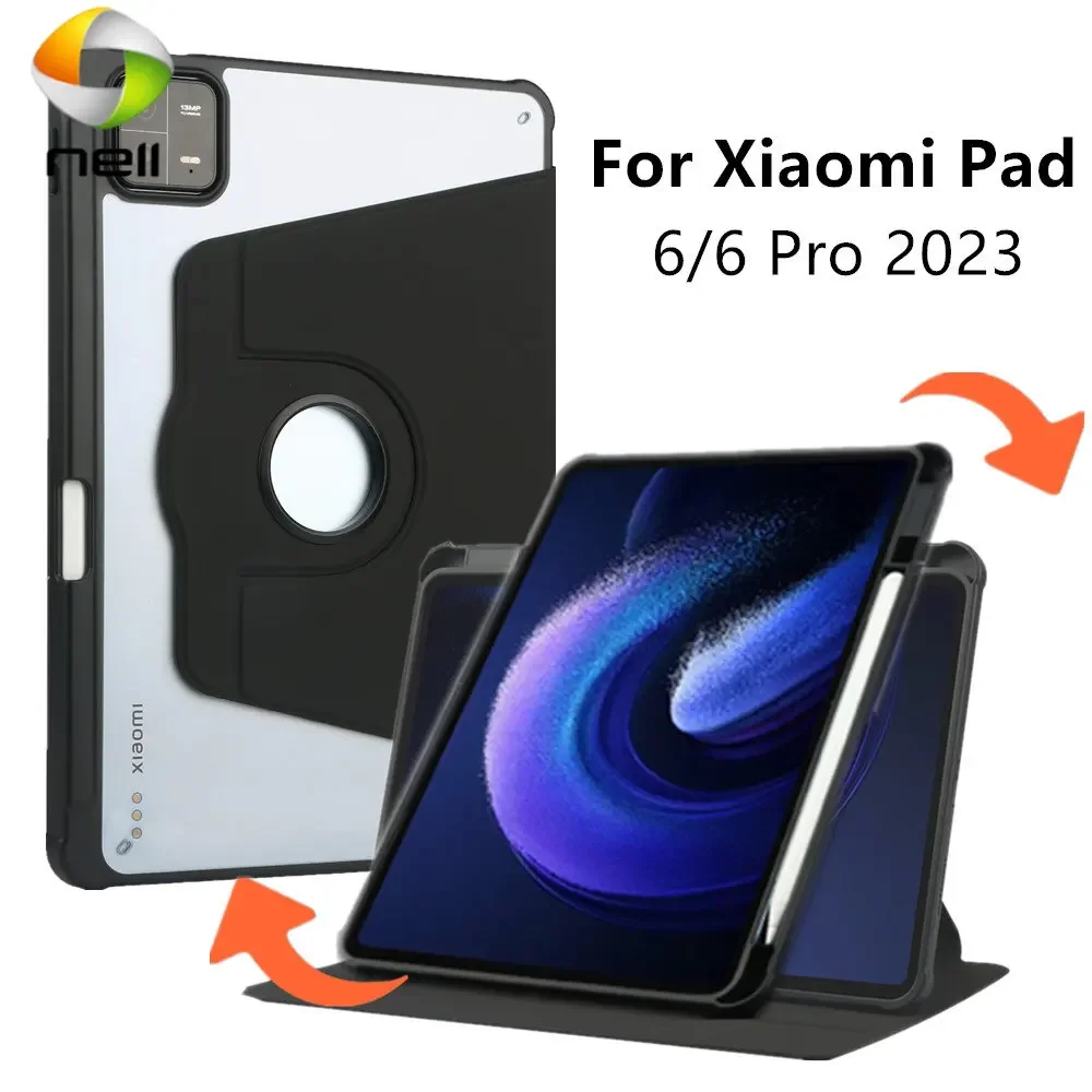 

Для Xiaomi Mi Pad 6 Pro 2023 11-дюймовый чехол для планшета, вращающийся на 360 градусов держатель для карандашей с автоматическим пробуждением MIPAD6 MIPAD 6, прозрачный чехол