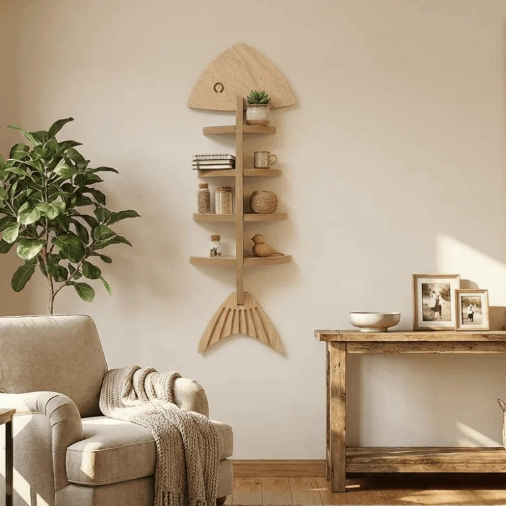 Vintage Wooden Wall Mounted Shelf Multi-layer with Dividers Fish Bone Shelf Fish Shaped Handmade Floating Shelf Home Decor