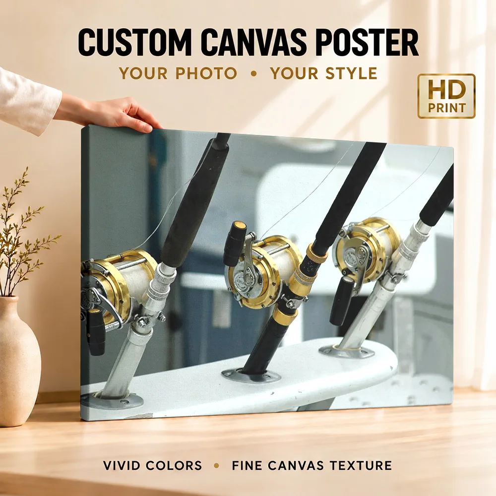 Fishing Rods Reels Boat Wood Framed Canvas Poster Customized Photo Close Up Angling Equipment Wall Art For Man Cave Athlete Gift