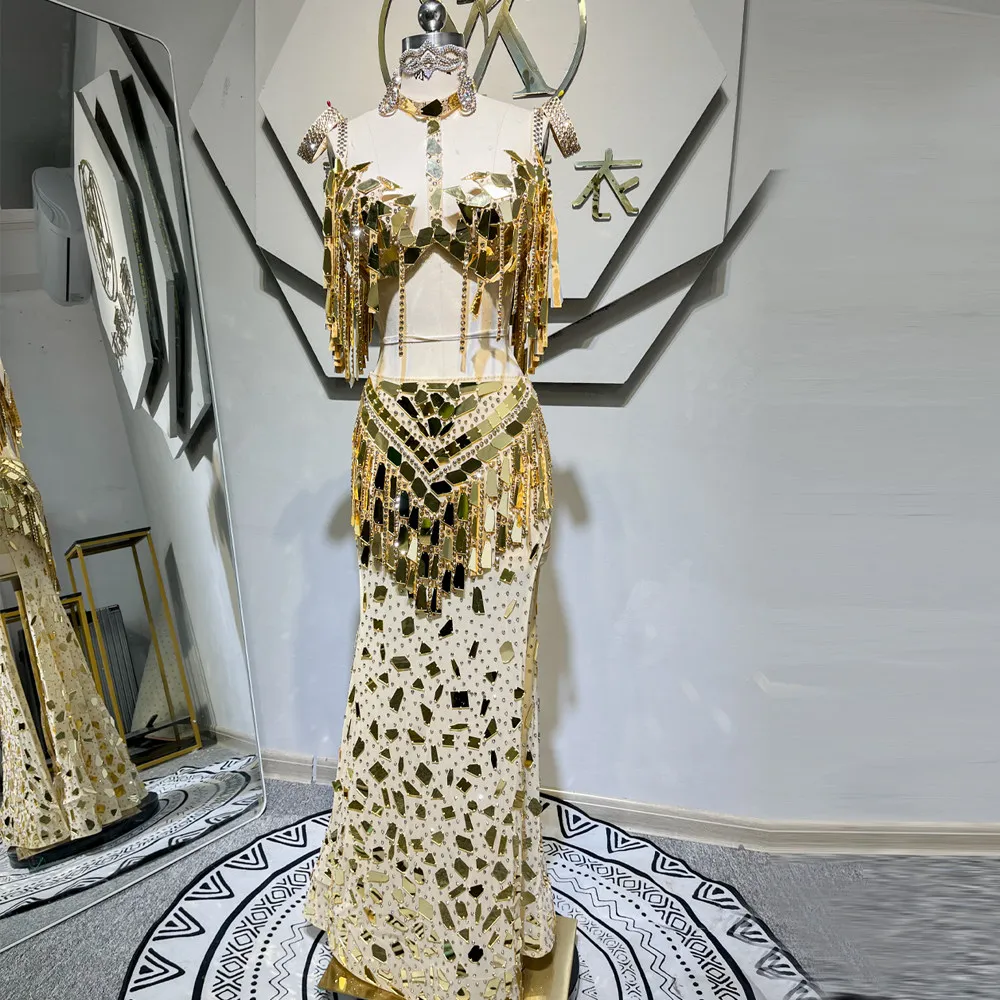 

Handmade Belly Dance Costume for Women, Gold Mirror Beaded Set with Mermaid Skirt, Performance Outfit for Dancers