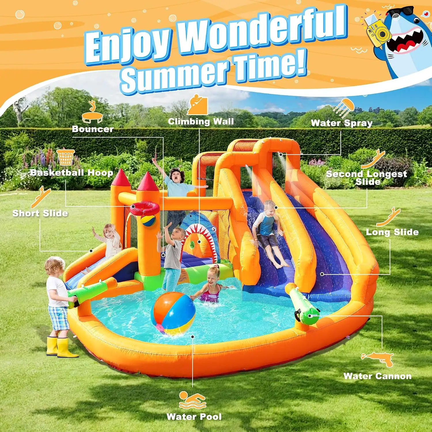 10 in 1 Inflatable Water Bounce House Triple Kid Water Slide with Blower | Easy & Fast Inflatable,Cannon,Climbing Wall,Jumping,S