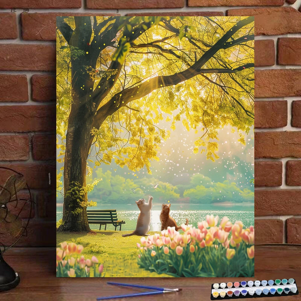 Digital Painting Cat Catching Butterflies Under the Tree Art Culture Digital Painting Handmade Adult Children Gift Wall Decor D