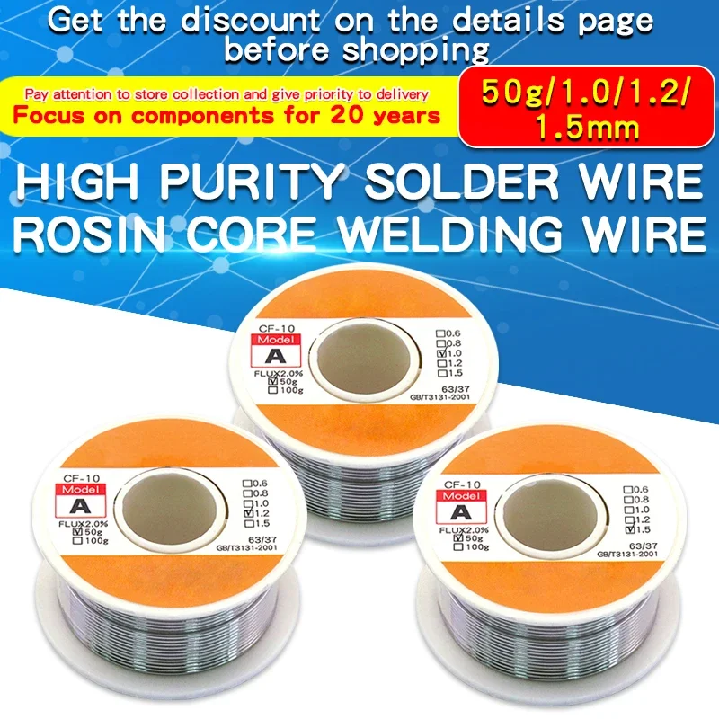 Lead-Free Solder Wire 1mm/1.2mm/1.5mm Flux-Core Solder 50G Tin Lead Tin Wire Melt Rosin Core Solder Soldering Wire Roll No-Clean