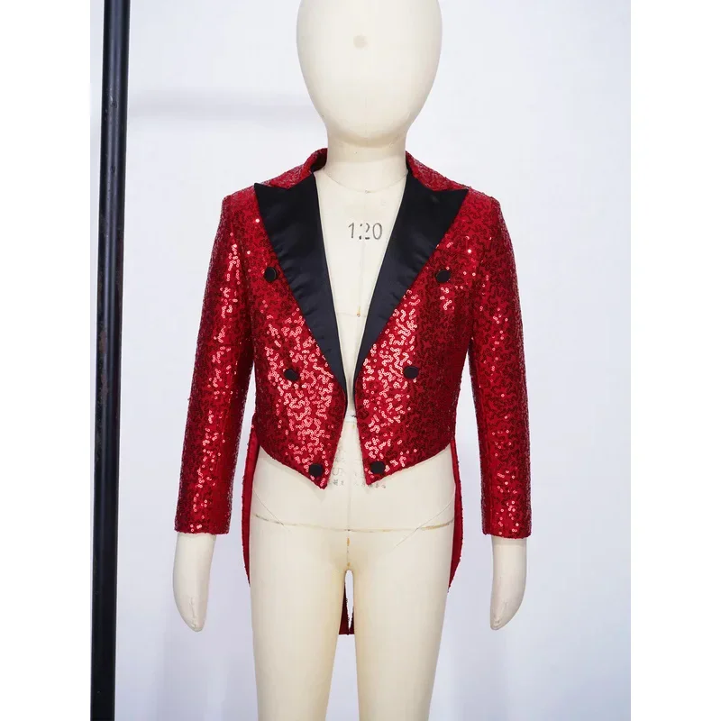 Abrigo de lentejuelas para chico, chaqueta de baile de Jazz, solapa brillante de satén, chaqueta de manga larga con frente abierto, trajes RaveParty Magic Show Outfit