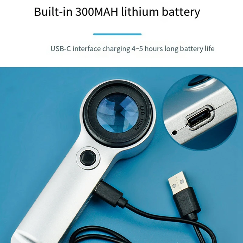 Ручная лупа 30X USB-зарядка для чтения антиквариат, лупа, очки, УФ-фиолетовый свет, проверка банкнот