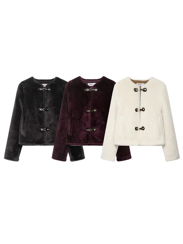 HH Women Elegant Solid Faux Lamb Wool Short Coat O Neck Long Sleeve Jacket Autumn Winter Fashion High Street Lady Outerwear