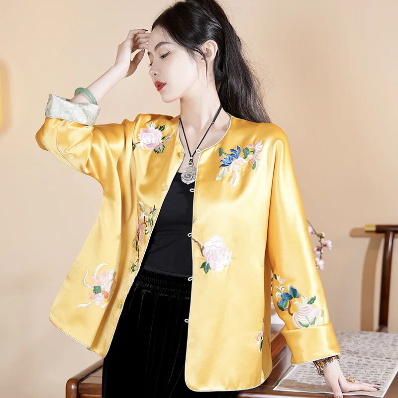 

High-end Satin Acetate Women Jacket Top Embroidery Tang Suit Elegant Lady Loose Reversible Coat Female S-XXL