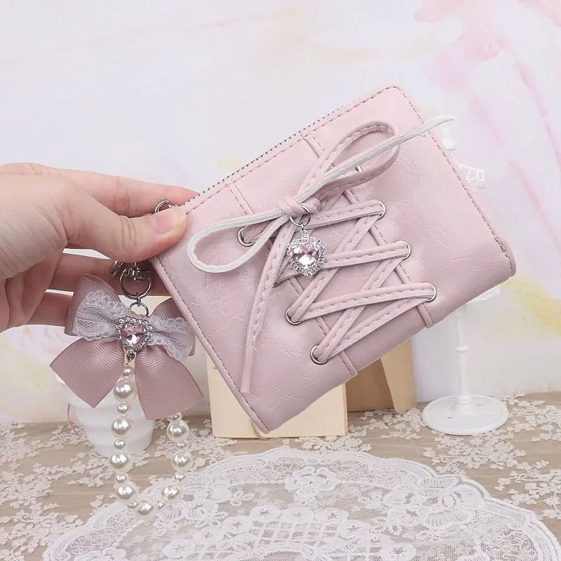 

Кошелек с бантом и брелоком для ключей, милый, в стиле Лолита, ручной работы, с бисером, стразами, подвеской в виде сердца, маленький кошелек, сумка для студенческих карт