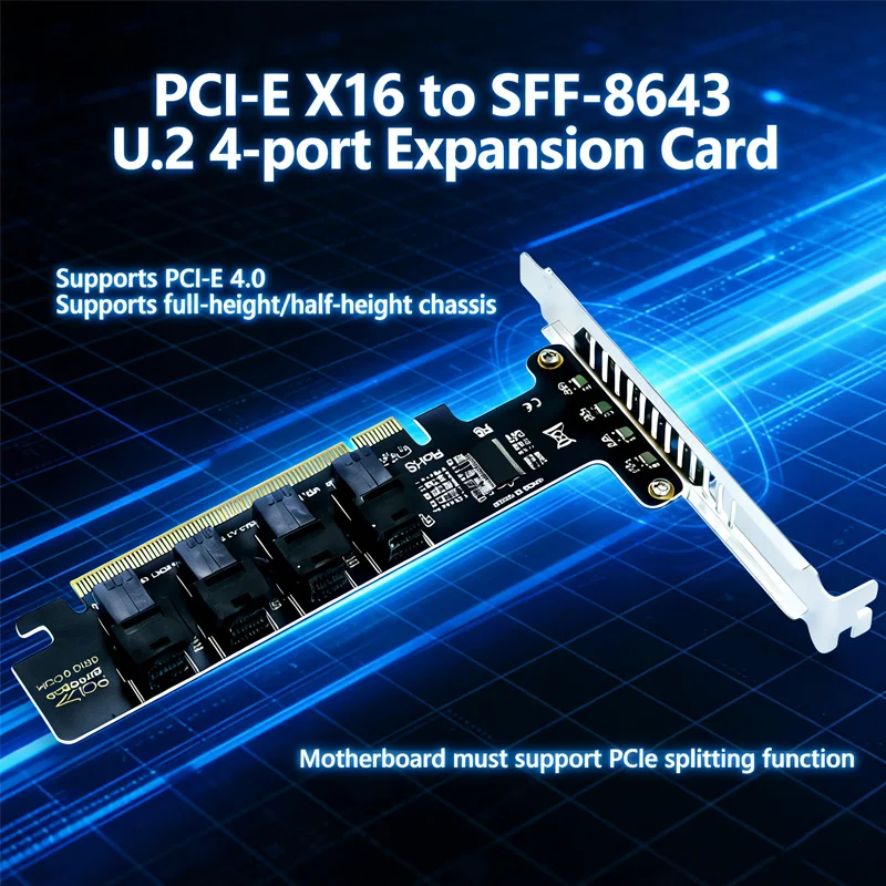 

Карта адаптера PCIE-U.2 Карта расширения PCI-EX16 на 4 порта SFF-8643 Поддержка материнской платы с разъемом X4 X8 X16 и функцией разделения PCIE