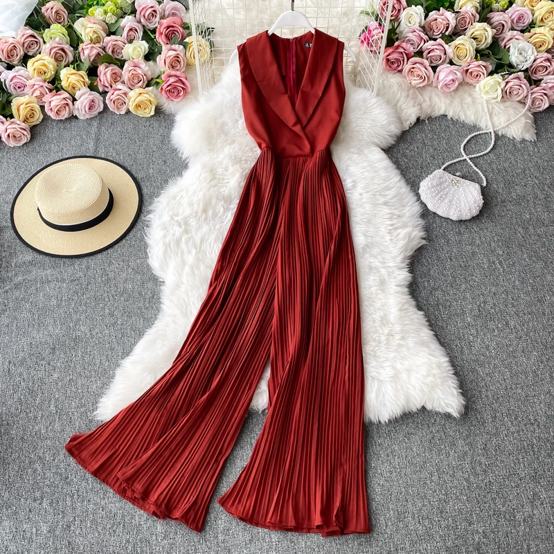 O Neck  Sleeveless Vest Jumpsuit Women High Waist Lace Up Slim Pleated Wide Leg Pant Bodysuit Vintage French Elegant Chic Romper