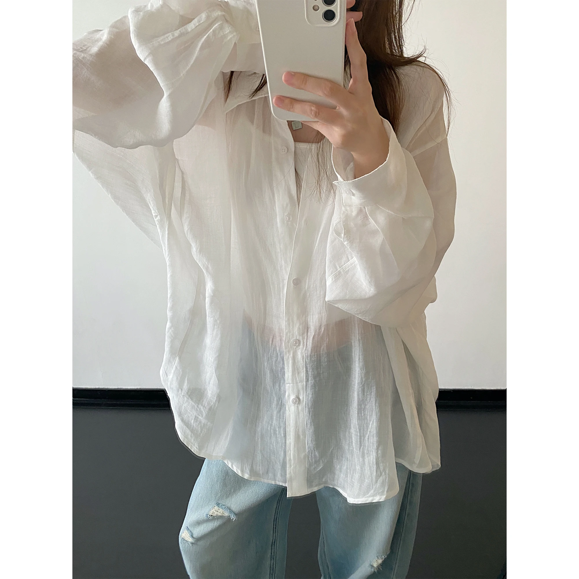 SunYeo Loose Fit Sun Protection Shirt 100% Hemp Lightweight Lantern Sleeve Basic Style Transparent Casual Women's Shirt
