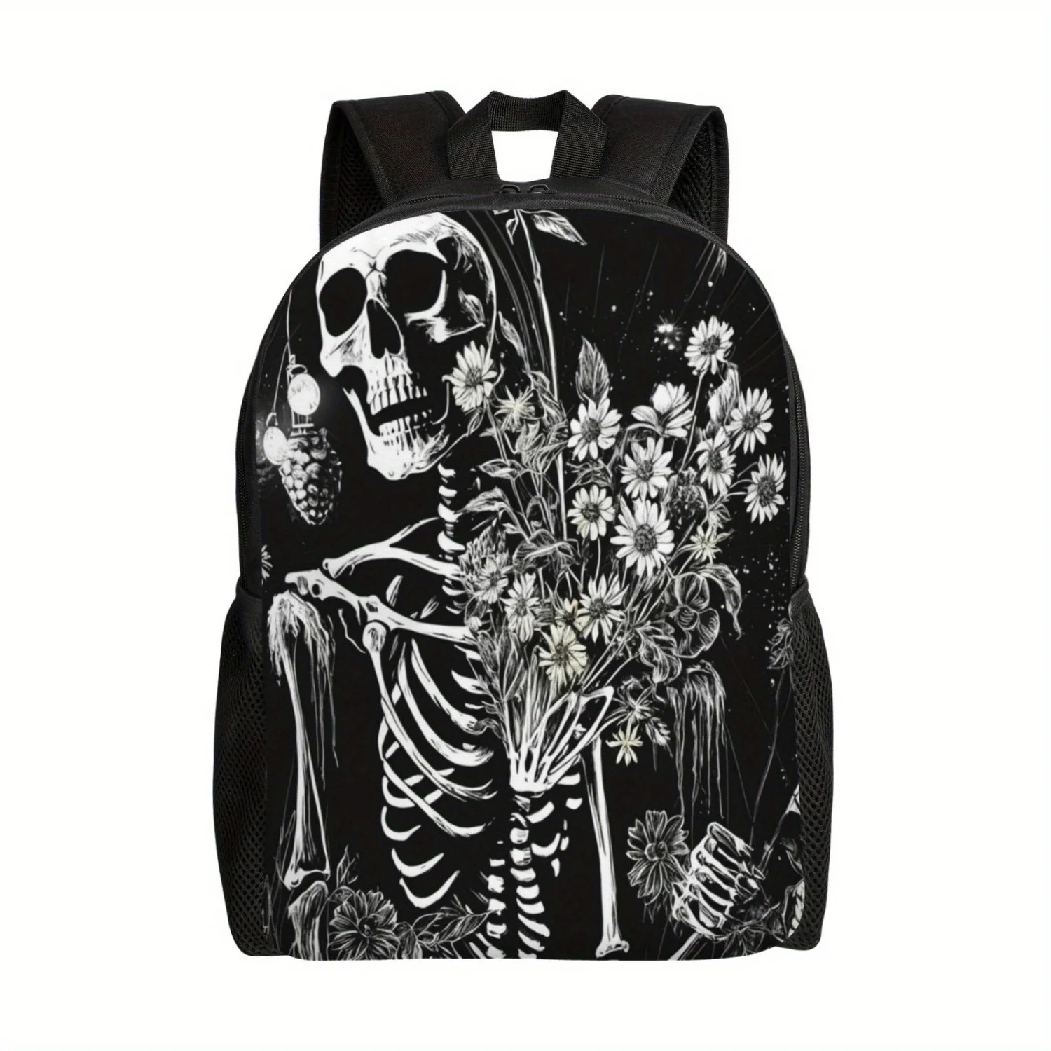 Skull daisy heart-shaped printed street style men's cool backpack, casual bag for strolling and outdoor activities