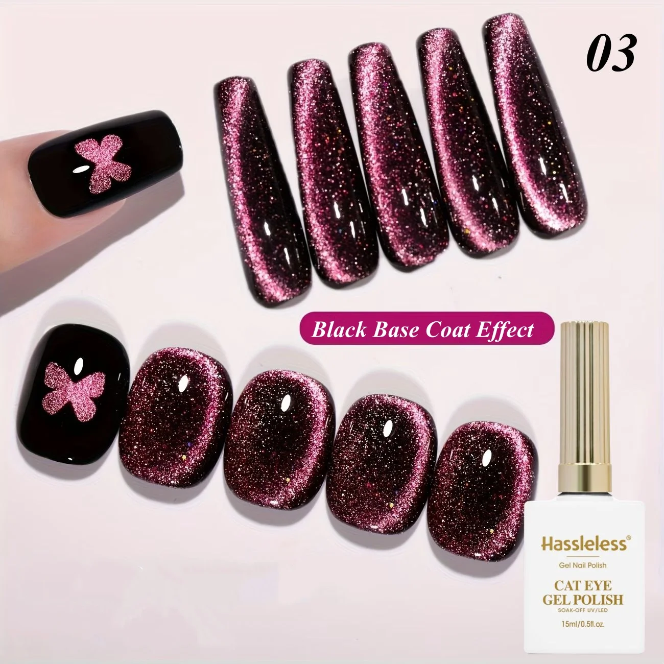 Hassleless Black Base Rose Red Glitter Cat Eye Nail Polish, Eye-Catching and Unique Nail Art for Dates