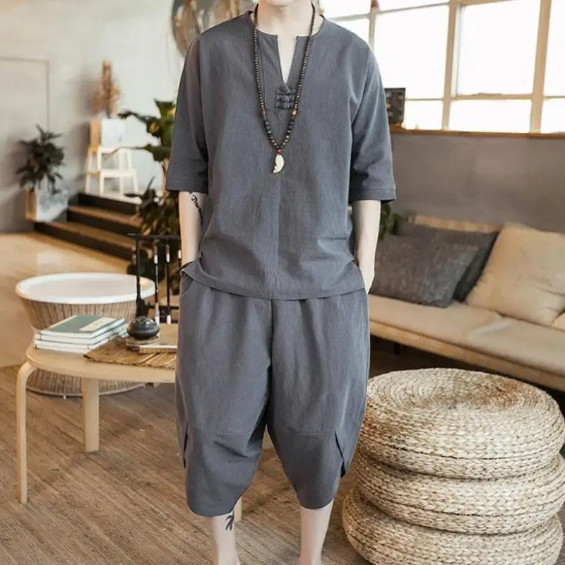 

Loose Men's ort Sve T-irt Set Spring Summer Vintage Retro Tang Costume Hanfu Two-Piece Set Fitn Casual Wear Cotton