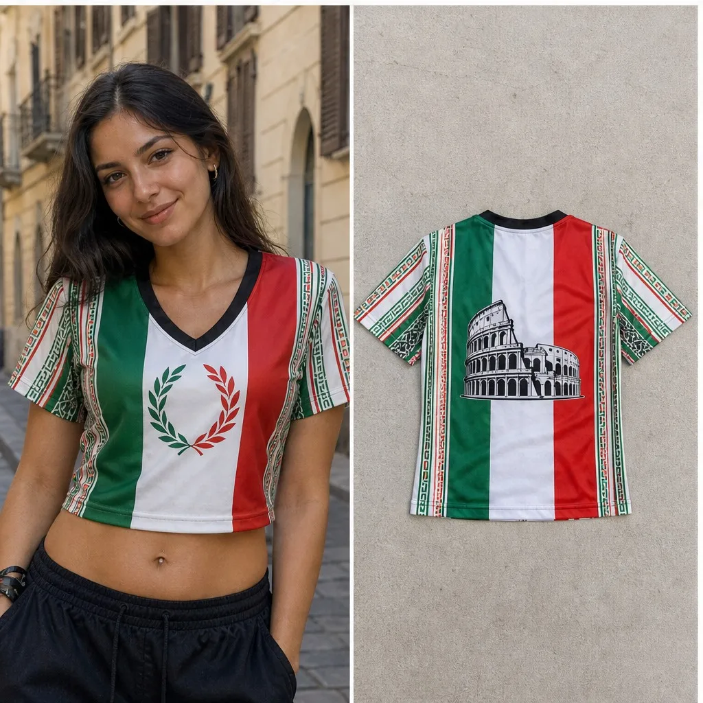 Women Italy V Neck Crop Top Laurel Wreath Colosseum Print Short Sleeve Summer Street Travel Casual Fashion Tee Modern Streetwear