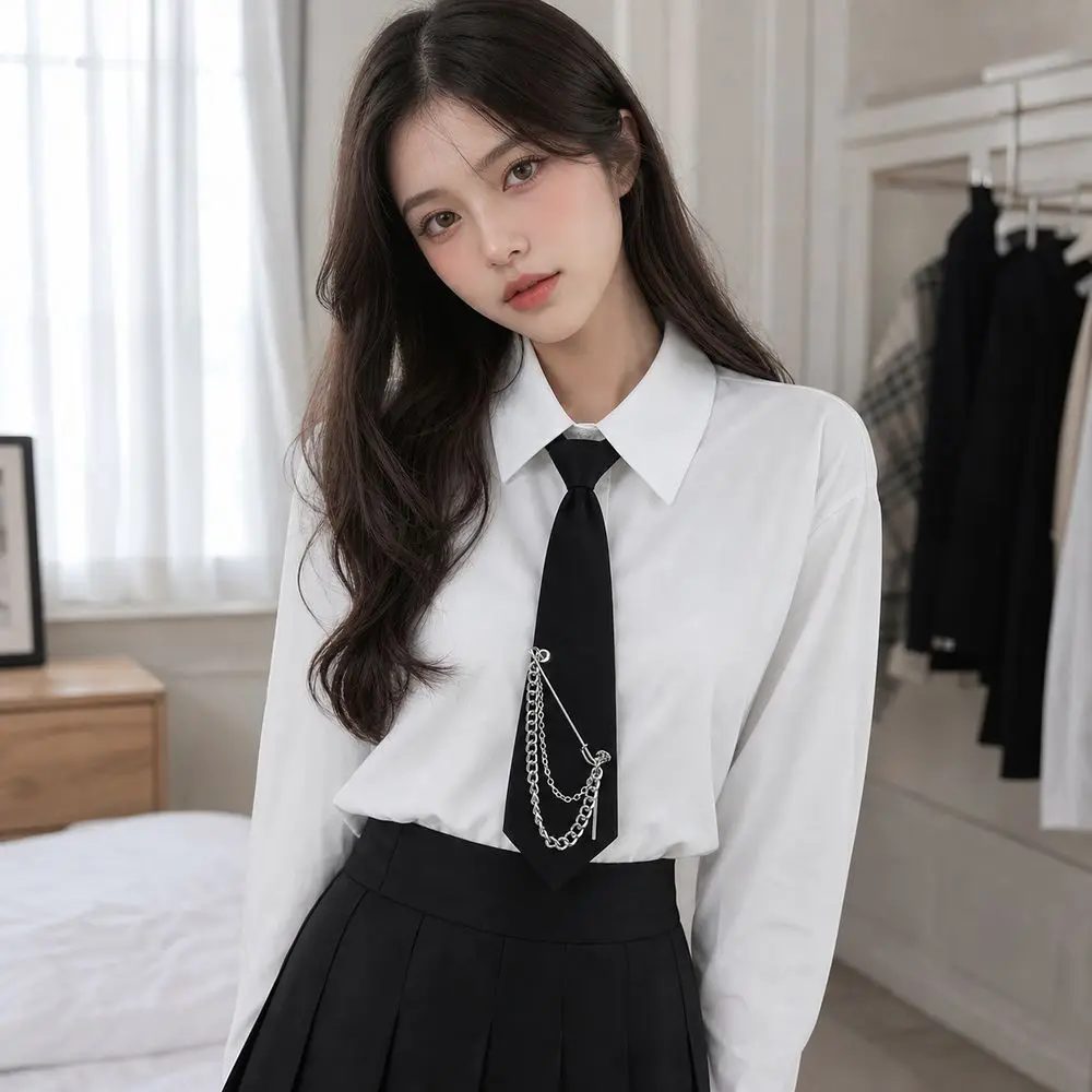 New Black Pre-Tied Necktie Safety Pin Detail Adjustable Neck Strap Uniform Neck Tie Alloy Chain Punk Necktie Women and Men