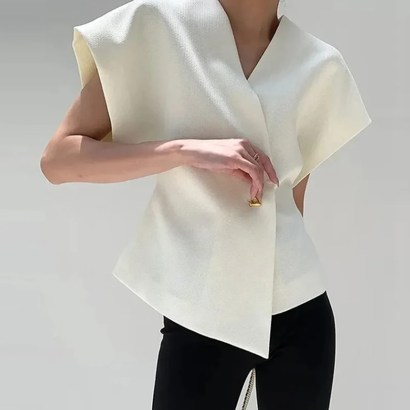 BKQU Elegant V-neck Shirts Women Short Sleeve One Button Chic Office Shirts Irregular Female Solid High Street Cardigan Top 2024