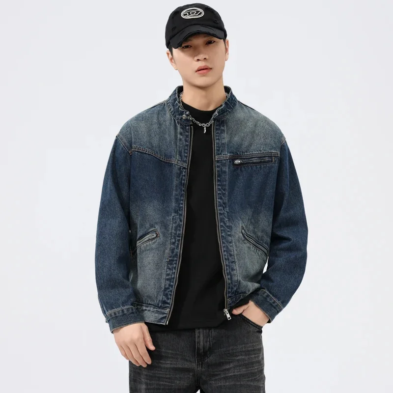 High-end American vintage washed denim jacket men's new tide of personalized wrinkles casual workwear tops