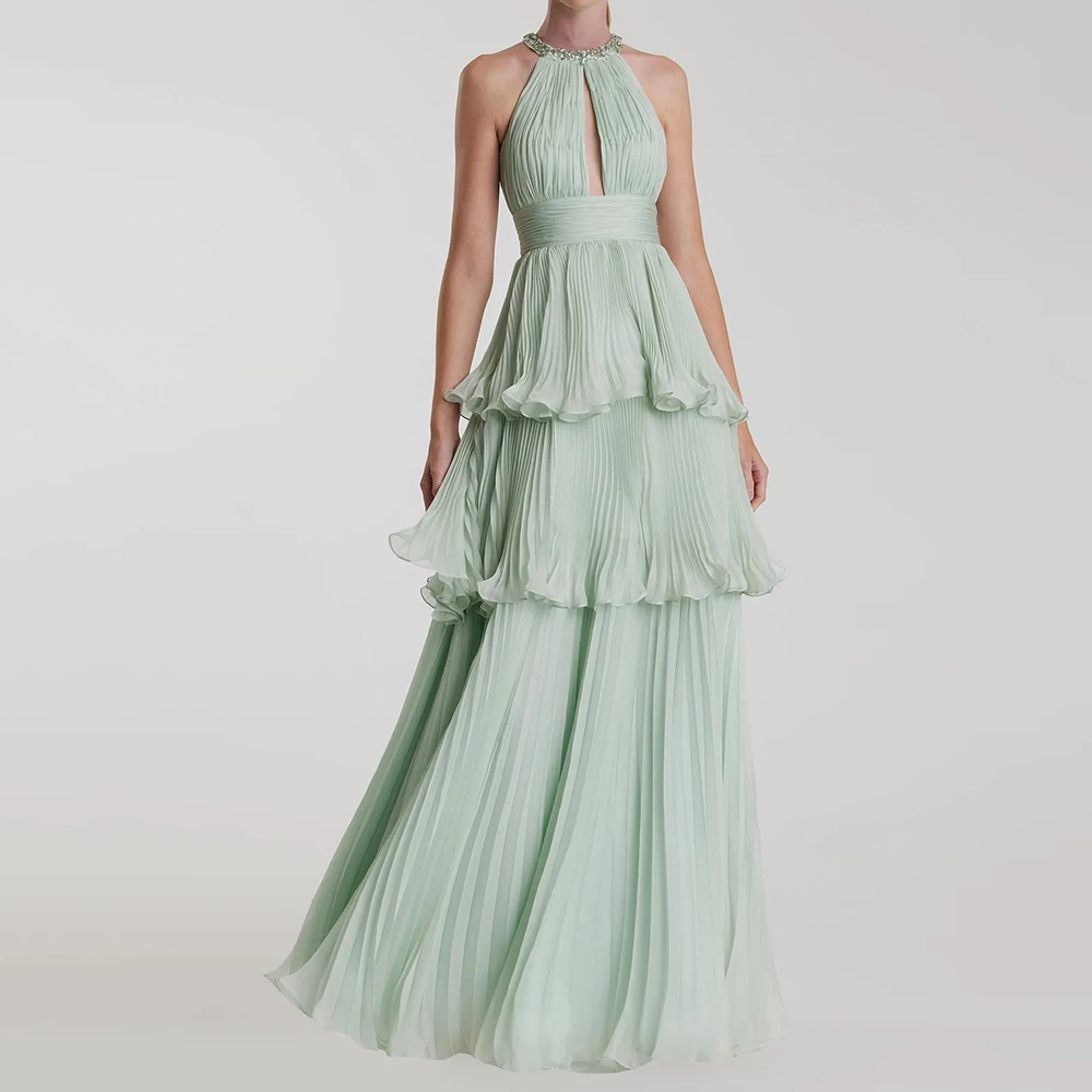 

Customized A-line Evening Dresses Floor-length O-neck Sleeveless Prom Gown Fashion Crystal Simple Draped Backless Party Gown