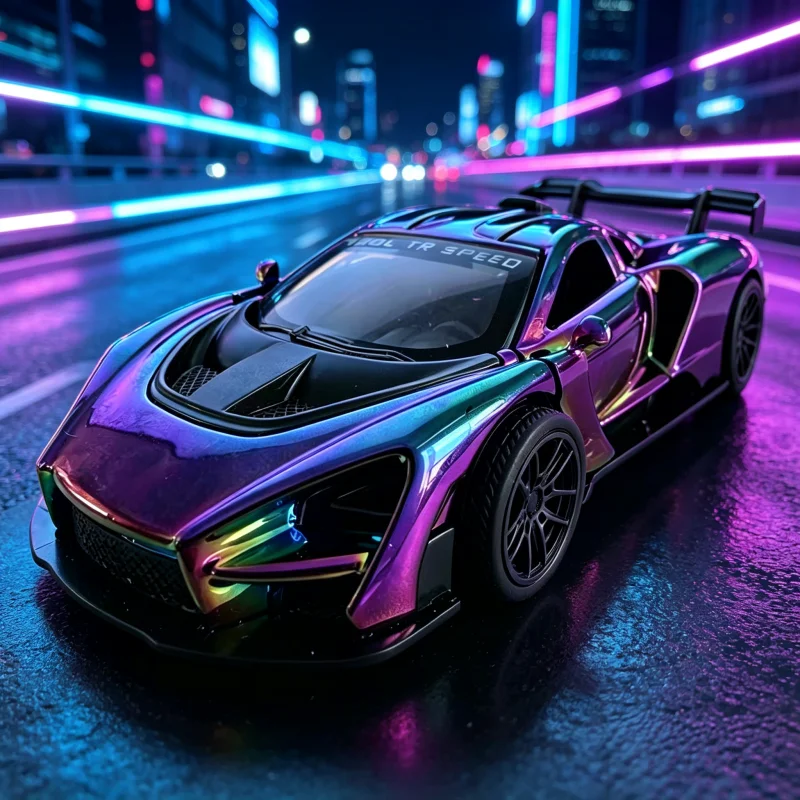 Chameleon Color-Shifting Super Sports Car Alloy Model, Pull-Back Large Rear Wing Die-Cast Racing Car with Openable Doors, Sporty