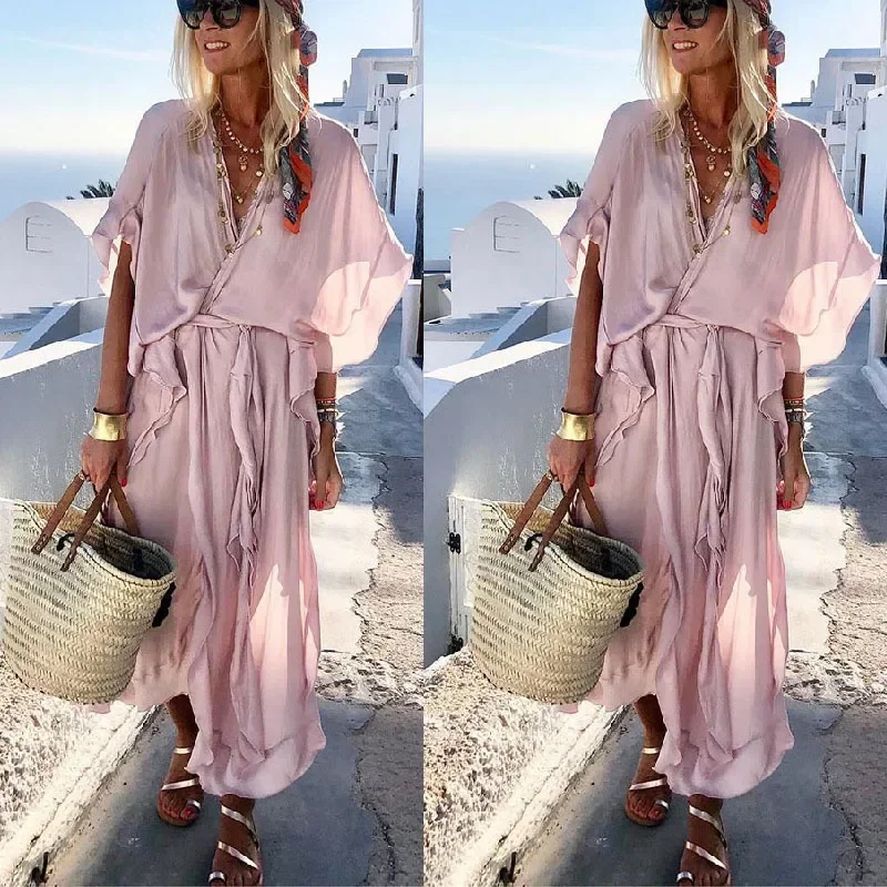 Casual Sommer Retro Einfarbig Kurzarm Party Kleid Frauen Elegante Rüschen Lange Kleid Mode Urlaub Boho Lose Damen Kleid