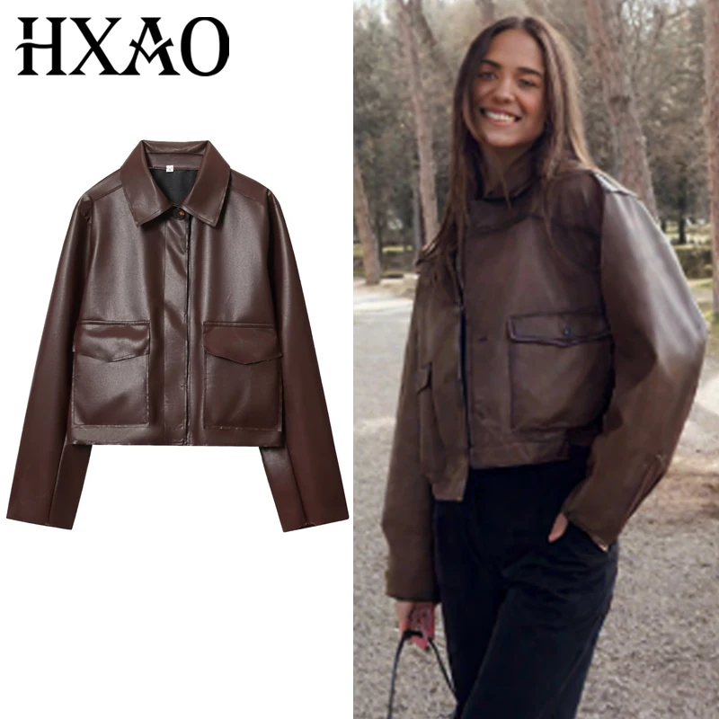 

HXAO Коричневые куртки из искусственной кожи Женская куртка Осень Новые пальто и куртки Укороченная верхняя одежда с длинными рукавами Шикарные и элегантные куртки