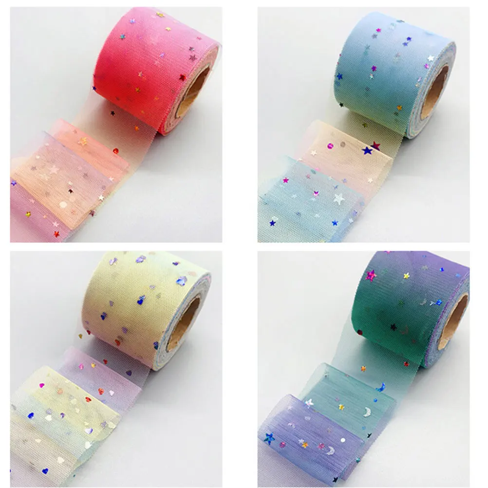 

6cm Star Moon Rainbow Gauze Ribbon Soft Smooth Surface for Clothes Headdress Dress DIY Craft Decoration Gauze Strap