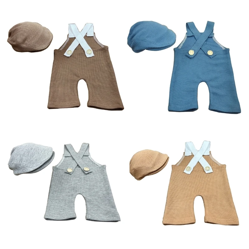 Newborn Baby Overalls and Hat Set Beanie Hat and Suspenders Jumpsuit Adorable Infant Duckbill Caps Outfits for 0-1M