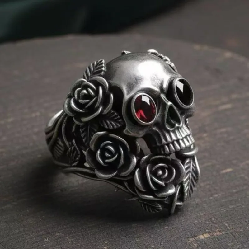 

European and American new fashion skull shape red zircon inlaid retro personalized men's and women's rings