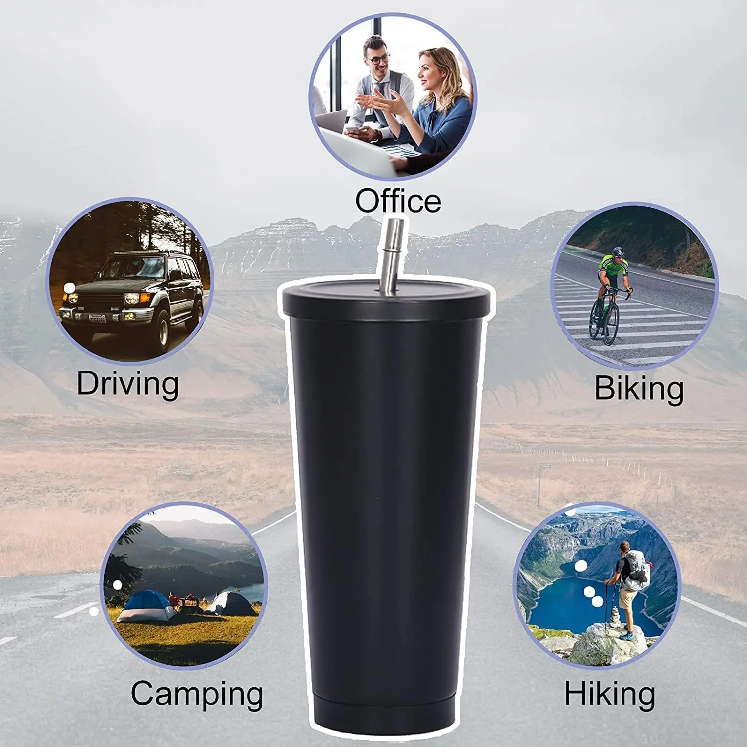 750ml Double-Wall Insulated Tumbler with Straw Reusable Stainless Steel Coffee Cup with Lid for Tea Cold Drinks Drinking Mug