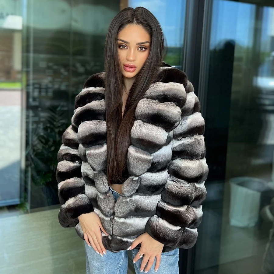 

Women Winter Real Rex Rabbit Fur Coat Genyine Fur Coat Chinchilla Colored Long Rabbit Fur Coat 2024 Luxury New Arrivals